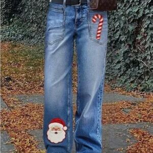 Women’s Flamingals Christmas Patch Jeans Sz M